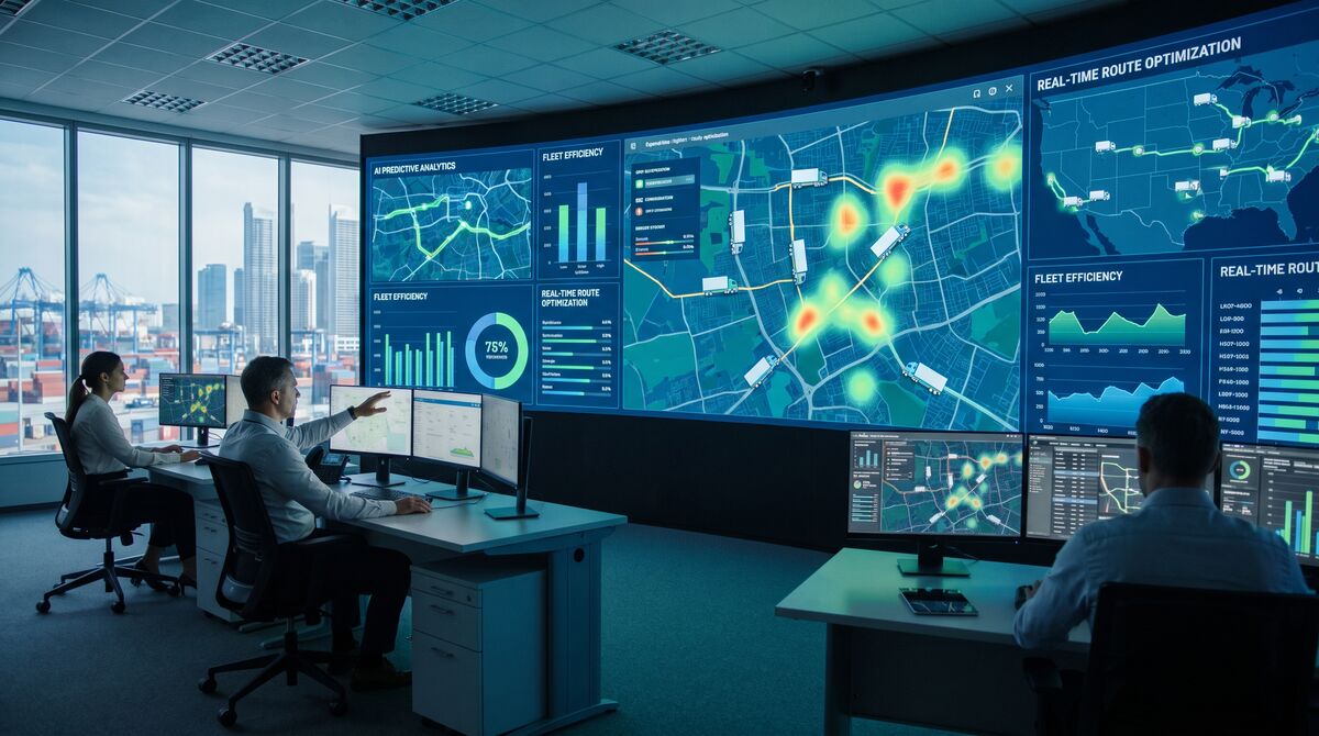 Salle de contrôle logistique avec cartes d'optimisation de tournées et data visualisation