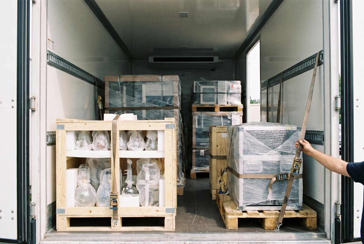 Marchandises fragiles soigneusement emballées dans un camion de transport