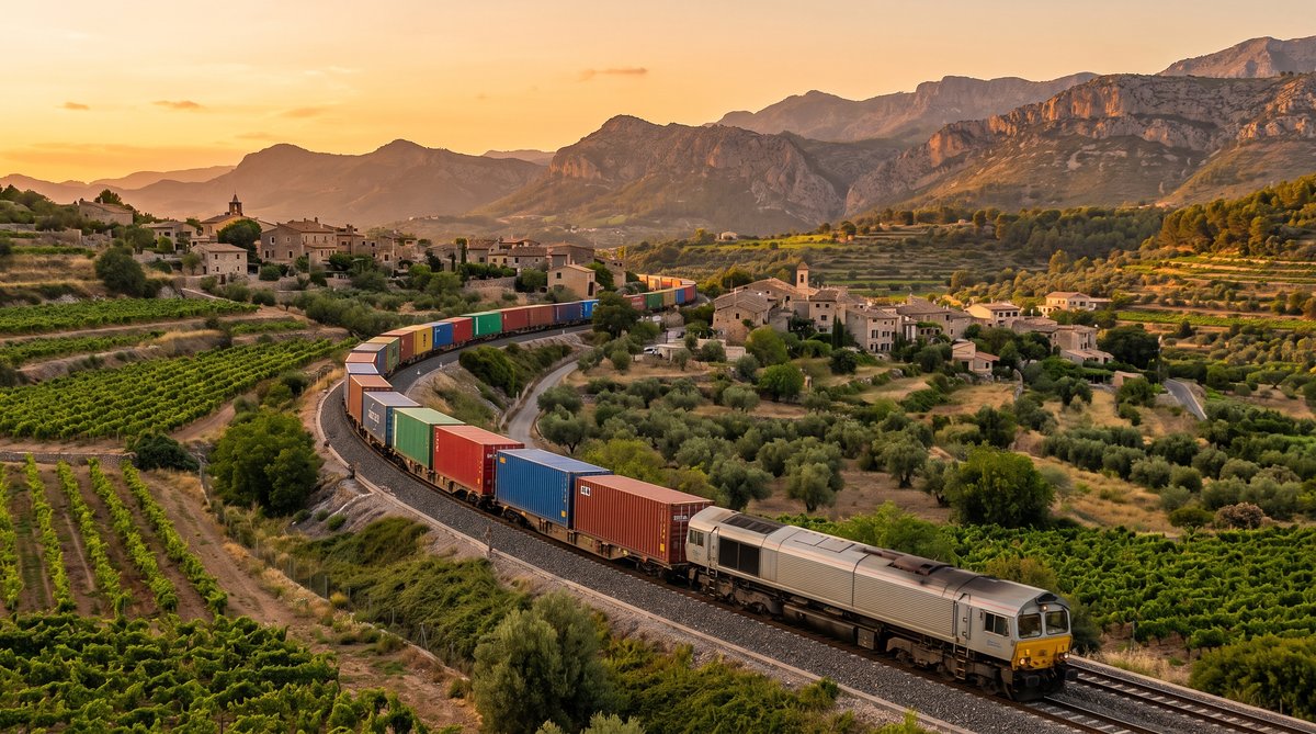 Train de fret transportant des conteneurs colorés dans une vallée rurale au coucher du soleil