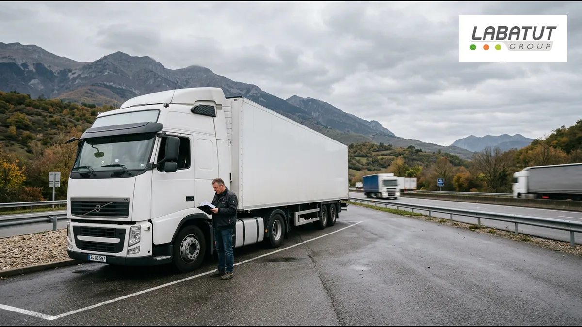 Camion de transport routier sur une aire de repos