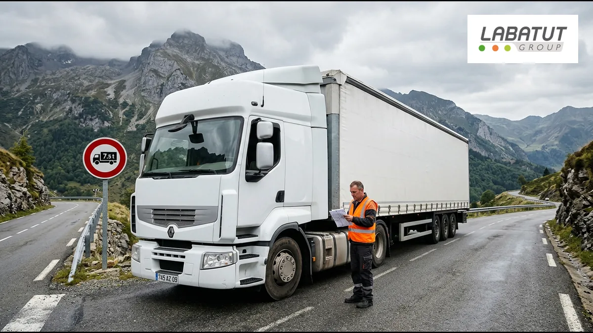 Camion sur une route de montagne, restrictions de circulation